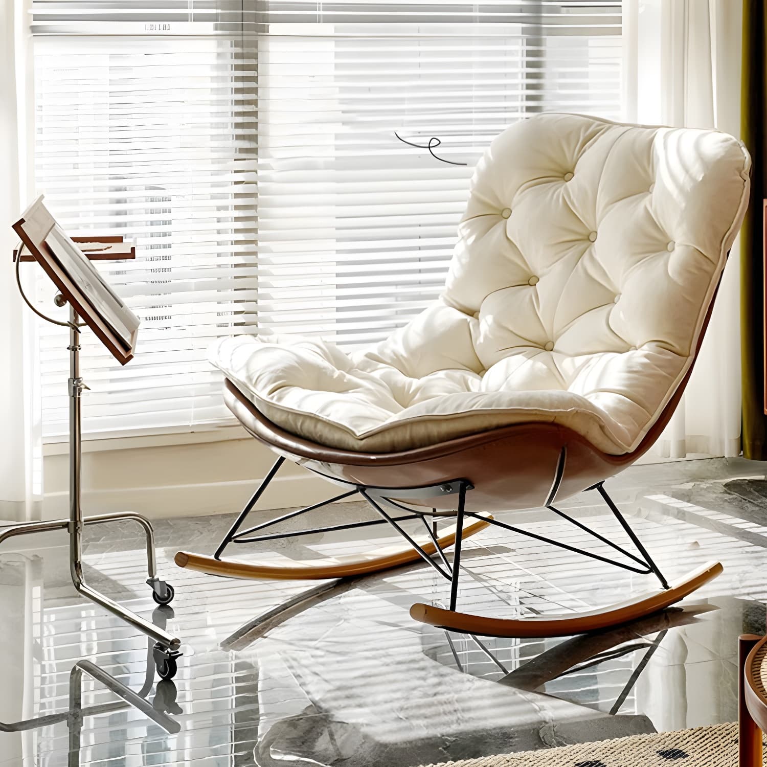 Modern Upholstered Rocking Chair with Tufted Seat - Natural Wood Legs and Armless Design - image 18