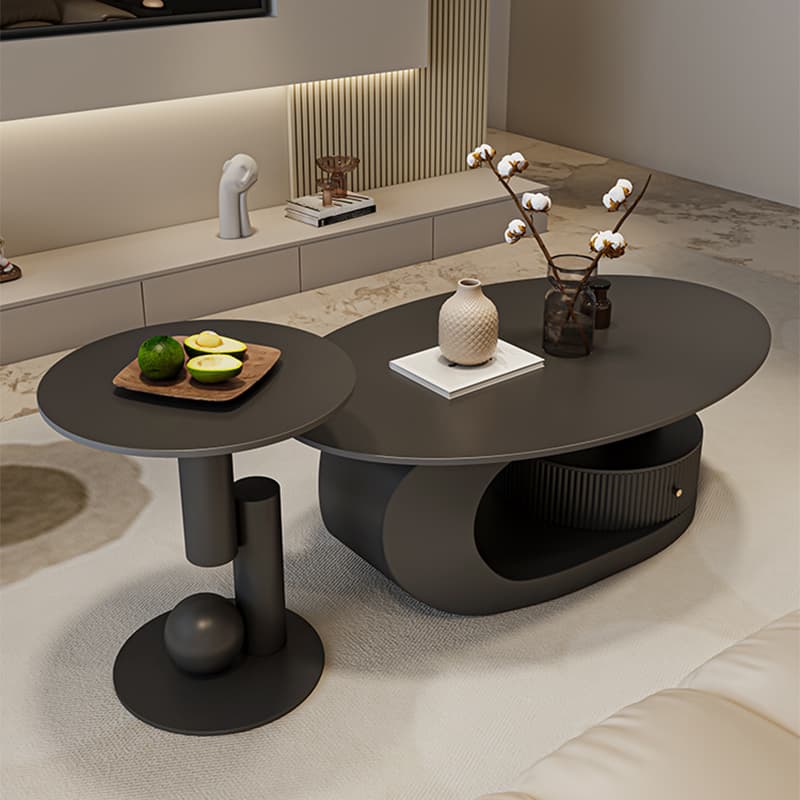 Modern Oval Stone Top Coffee Table, Abstract Iron Base, Scratch Resistant - image 4