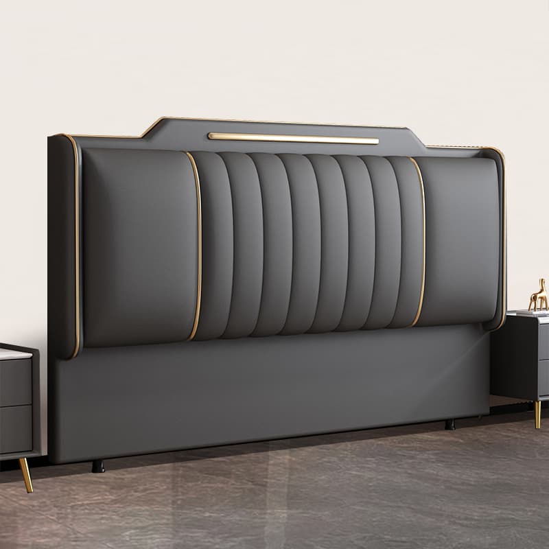 Modern Simple Style Panel Headboard in Natural Wood with No Distressing, Stepped Shape for California King/King/Queen Bed, Sponge Upholstery Fill, Standard Height