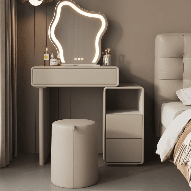 Multi-Purpose Tan Vanity Set with Lighting, Push-Pull, Adjustable Touch, and Adjustable Brightness