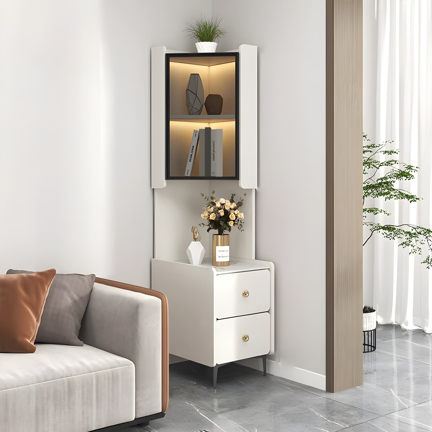 Elegant Corner Accent Cabinet with Glass Doors and Black Metal Base - image 6