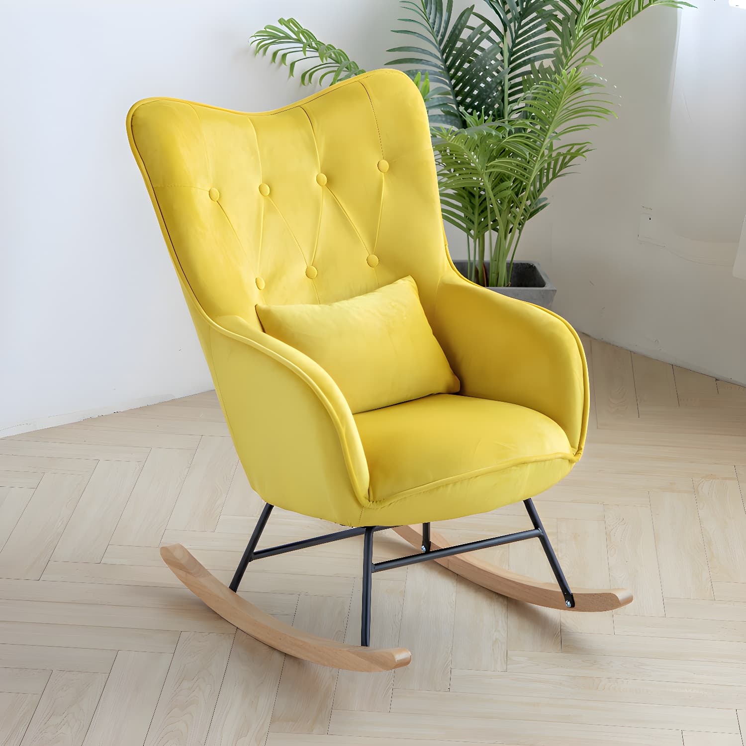 Stylish Modern Upholstered Rocking Chair with Natural Wood Legs and Tufted Back Cushion - image 9