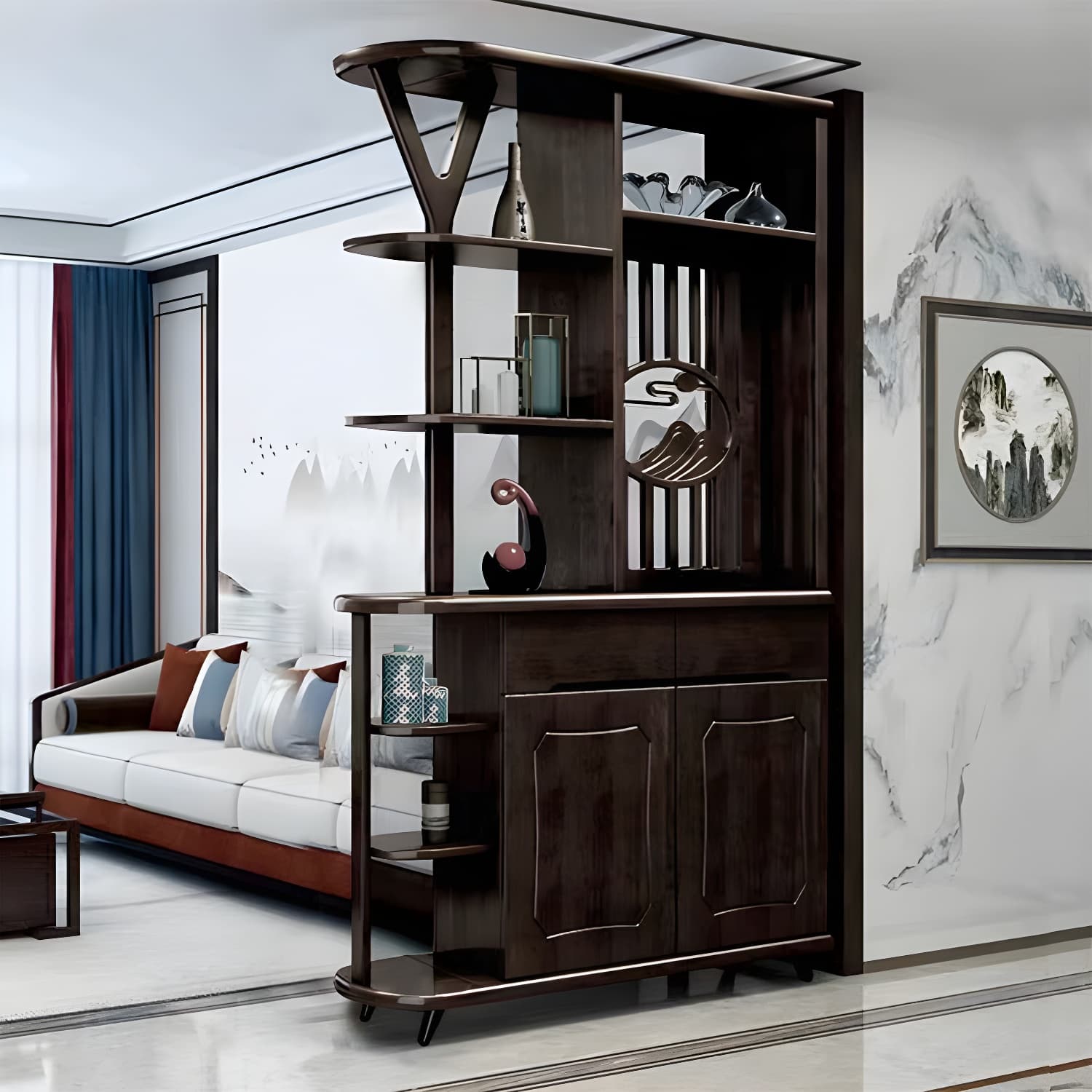Mid-Century Modern Solid Wood Rectangle Accent Cabinet Glass Paned with Shelves