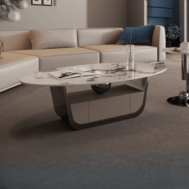 Glamorous Oblong Stone Coffee Table with Abstract Base, Scratch-proof and Drawer for Small Spaces