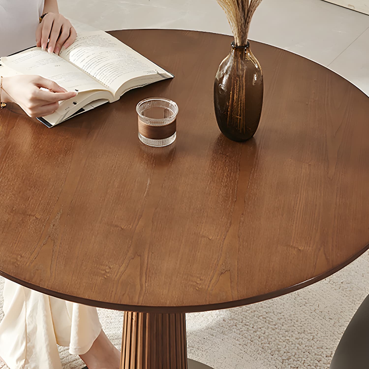 Contemporary Round Brown Ash Top Dining Table with Wood Pedestal - image 9
