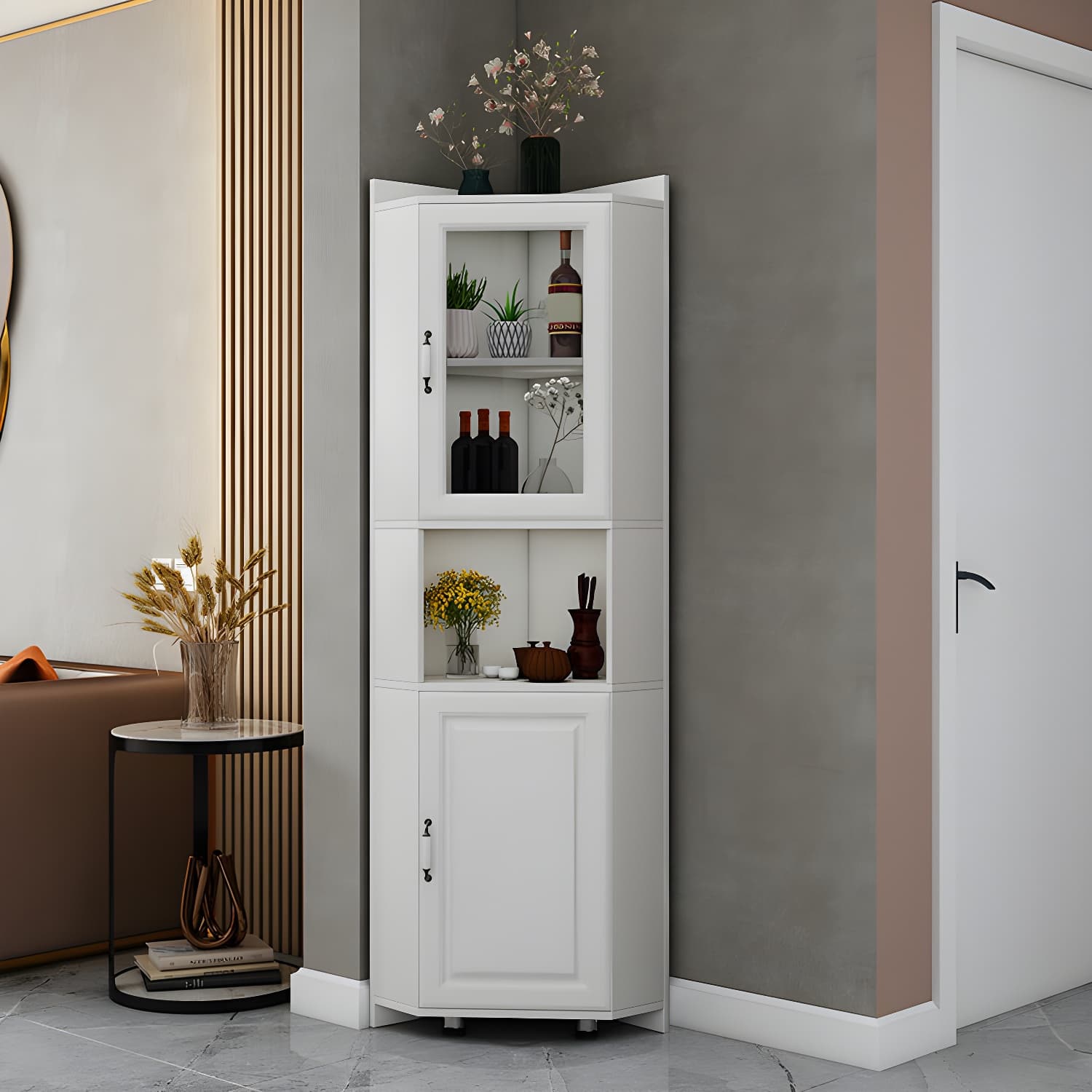 Modern White Corner Accent Cabinet with Glass Doors and Adjustable Interior Shelves