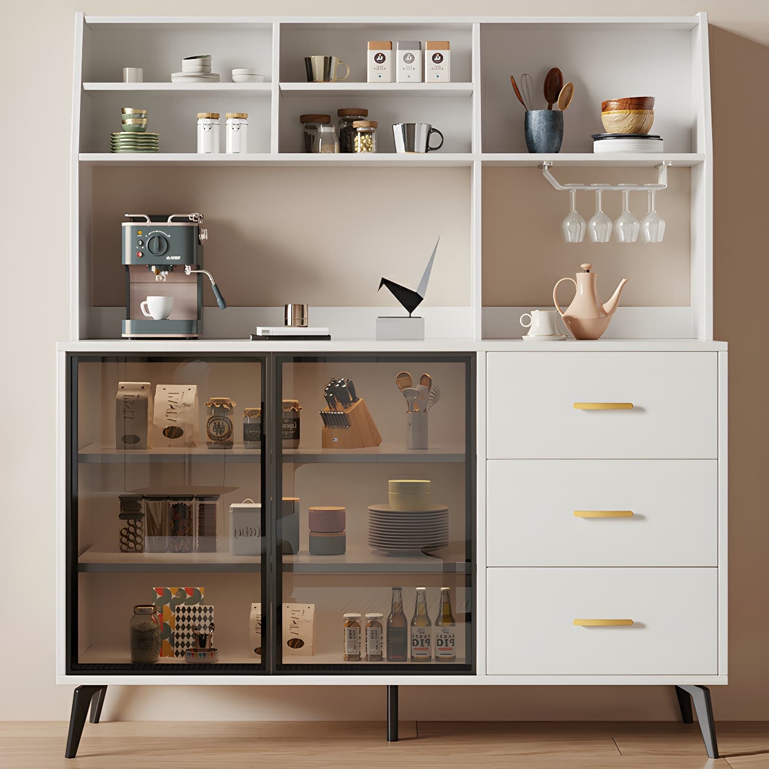 Glass Door Modern Wooden Kitchen Sideboard with Adjustable Shelving - image 12