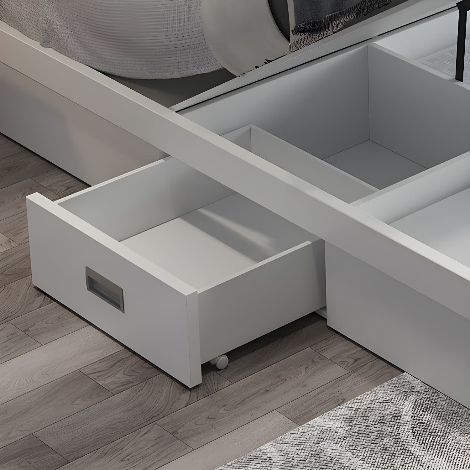 Modern Wood Panel Bed with Upholstered Headboard and Built-In Drawers - image 6