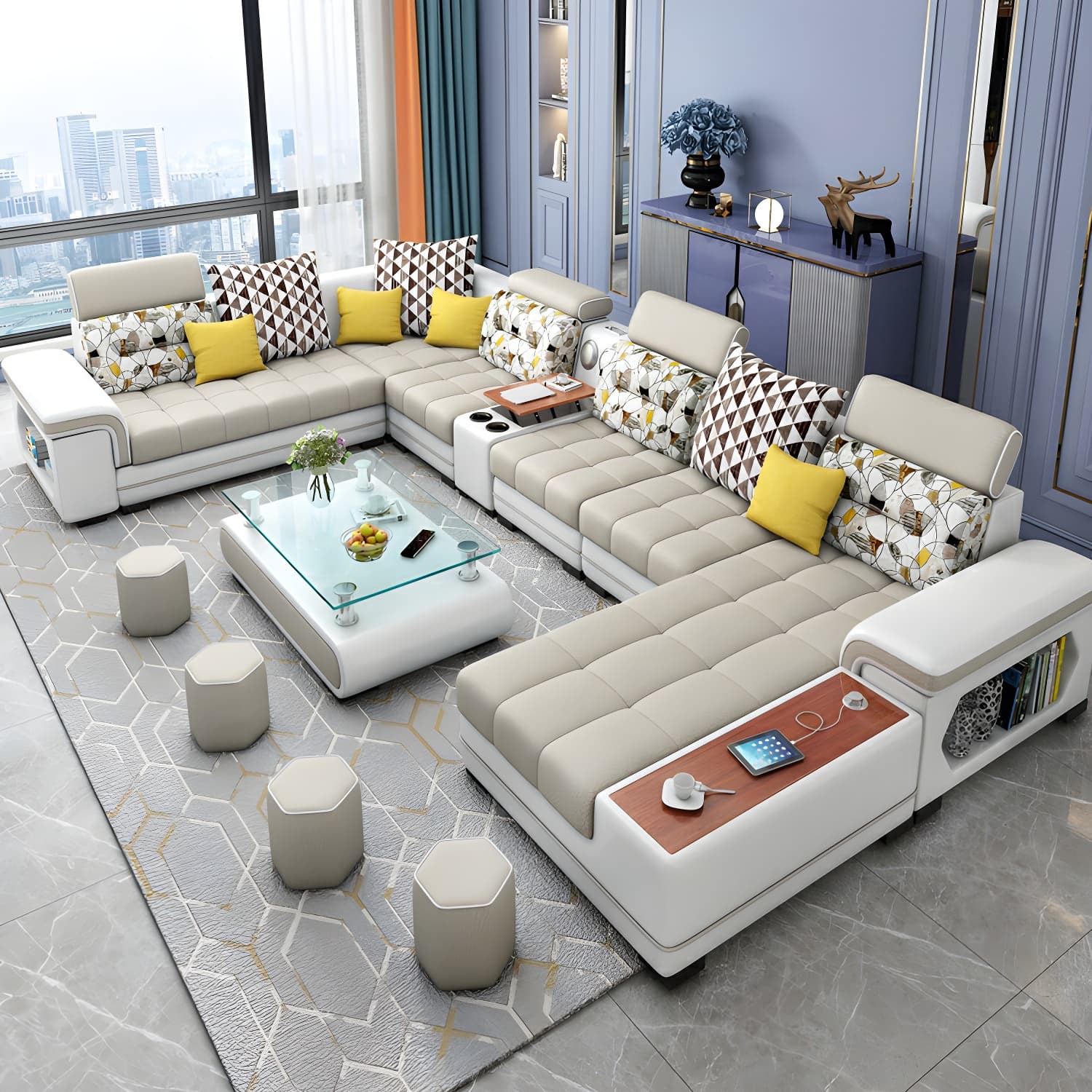 Modern Beige Sectional Sofa with Wood Frame, Pillow Back & Slipcover, Storage Included with Shelves - image 3