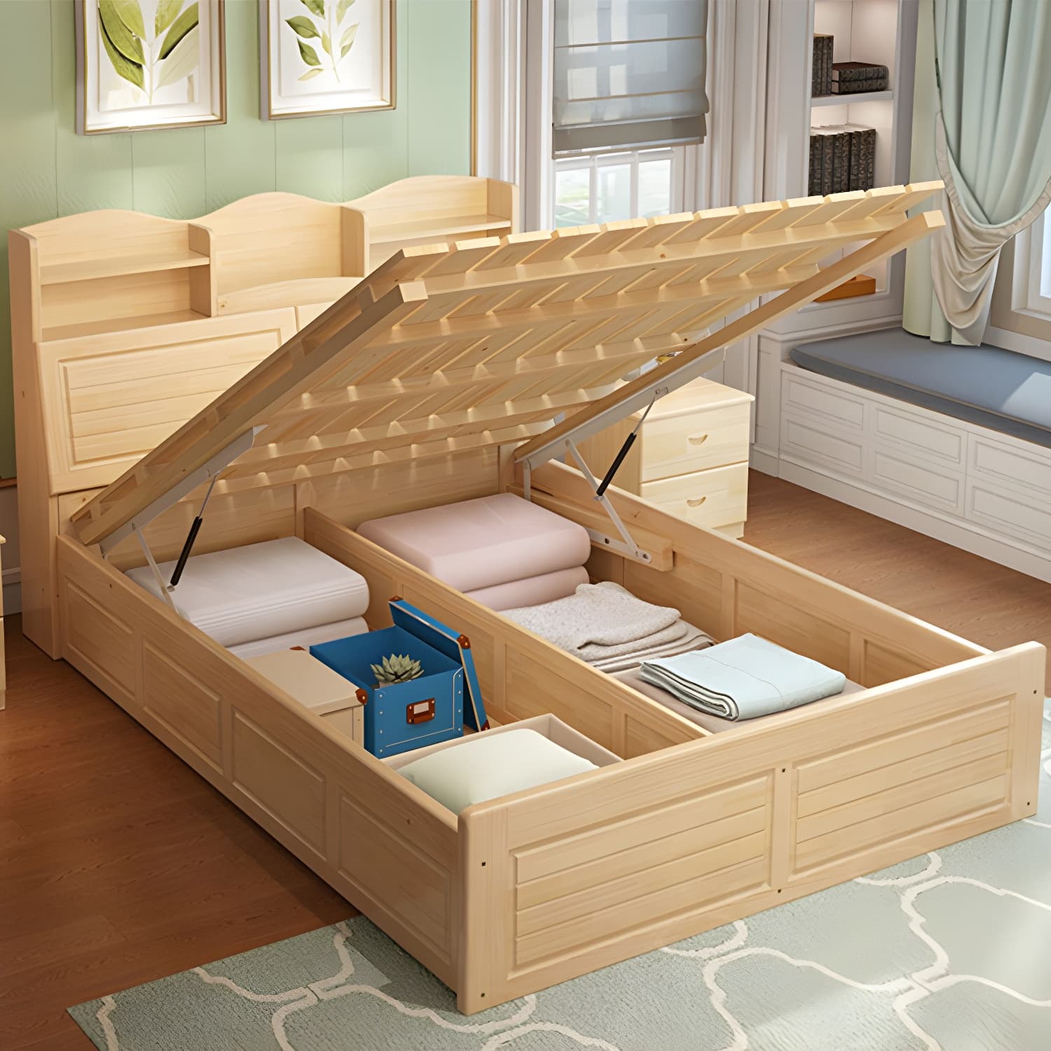 Solid Wood Bed Frame Headboard Standard Bed with Storage in Light Brone - image 4