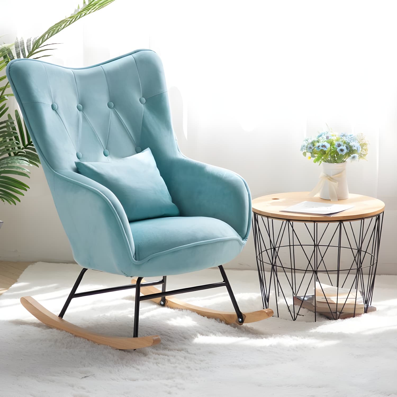 Scandinavian Rocking Chair with Wing Back and Wood Legs, Pillow Included - image 12