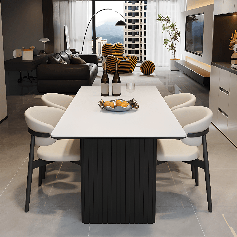 Dining Table Set with Rectangular Slate Stone Top and Two-sided Pedestal, Padded Chair with Back, 5-piece in White