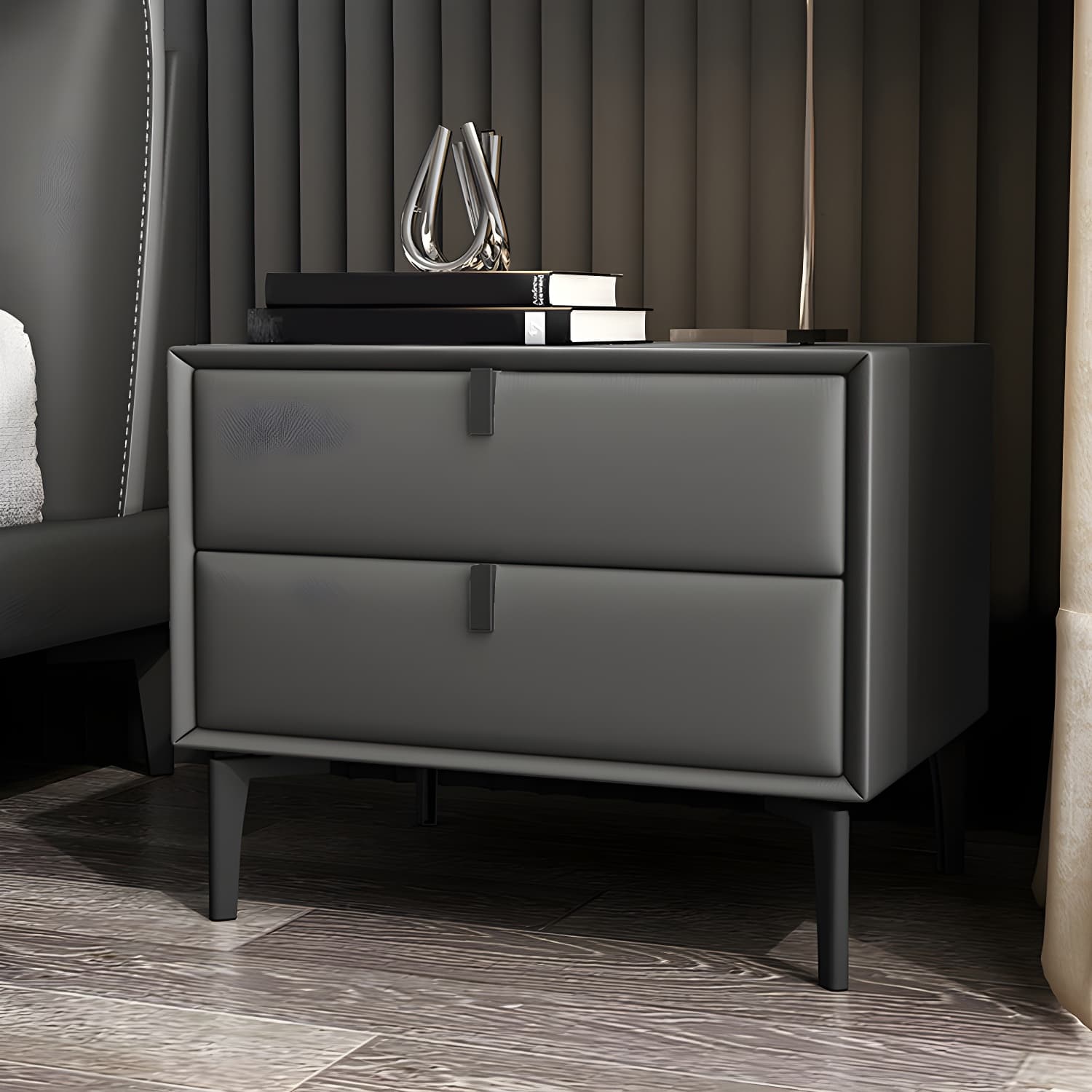 Pine Frame Two Drawers Leather Multicolor Choice of Black Table Foot Nightstand - image 5