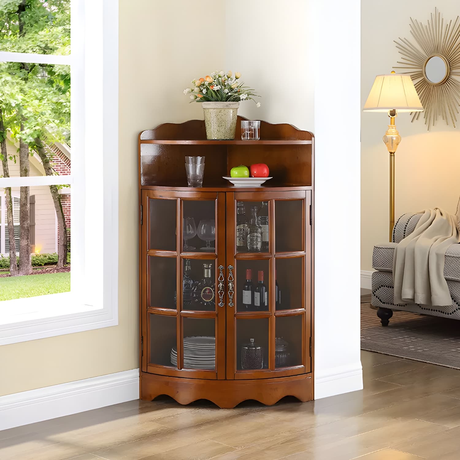 Corner Mid-Century Modern Accent Cabinet with Wood Countertop and Glass Doors - image 11