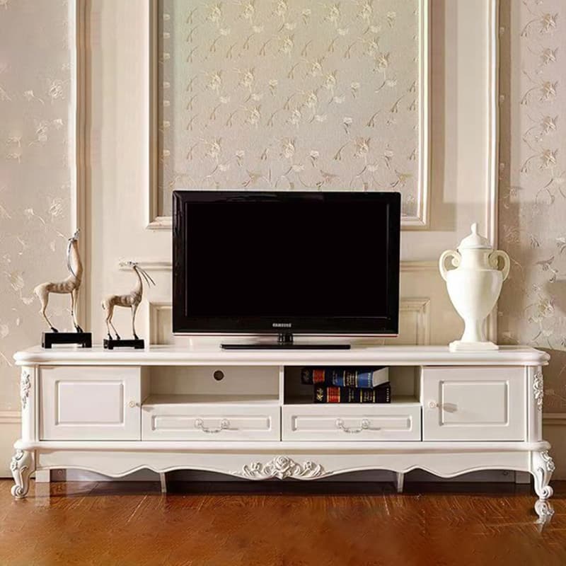 White Wood TV Stand with Drawers and Cabinets featuring Cable Management - image 3