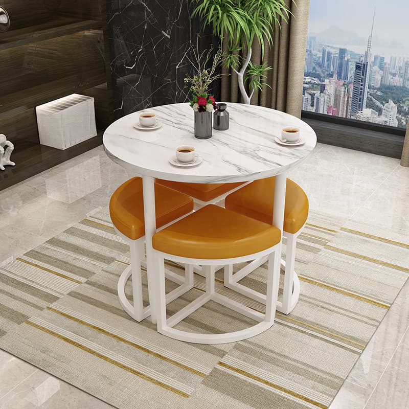 Reclaimed Wood Round Dining Table Set with Metal Toboggan Base and Upholstered Backless Chairs for 4 People - image 37