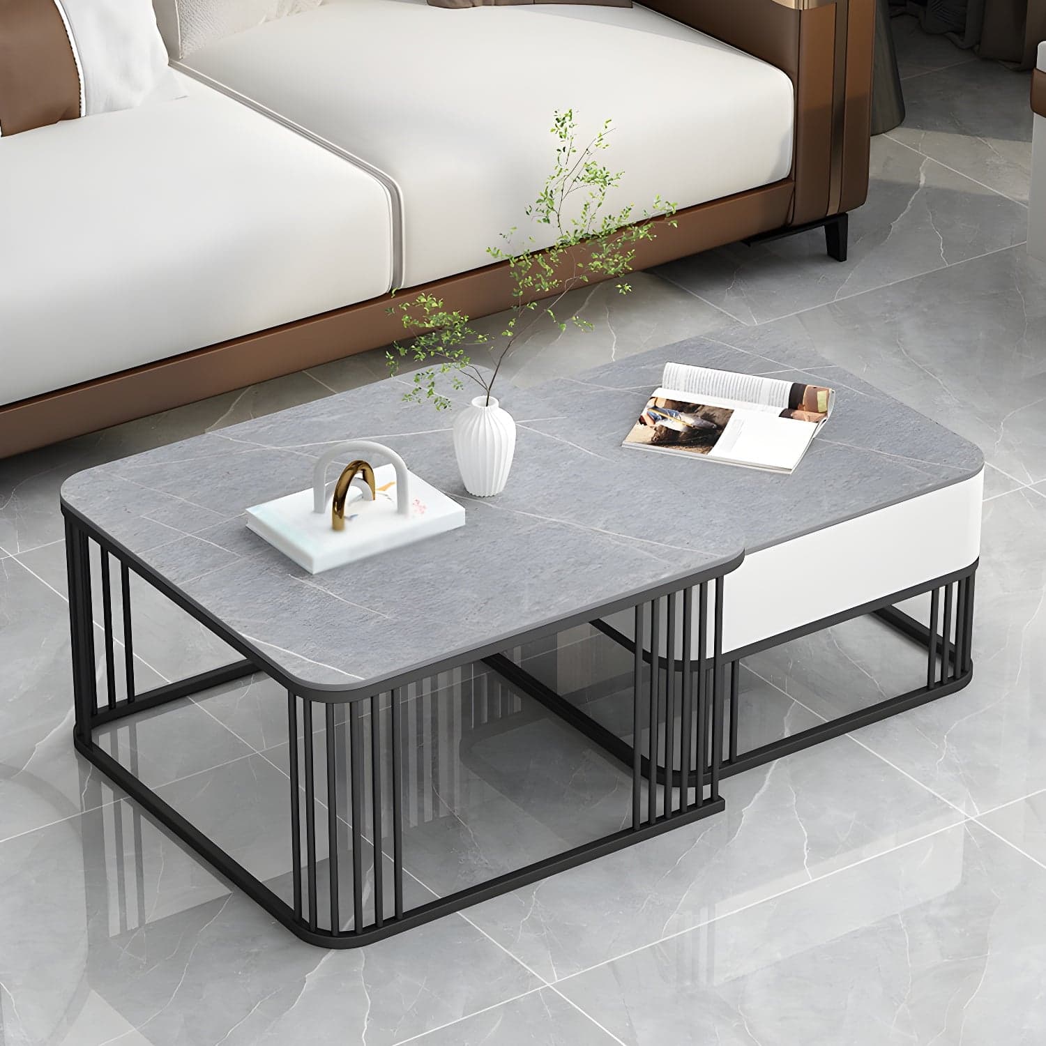 Square Slate Top Coffee Table with Drawers Frame Base 2 Nestling Cocktail Table - image 3