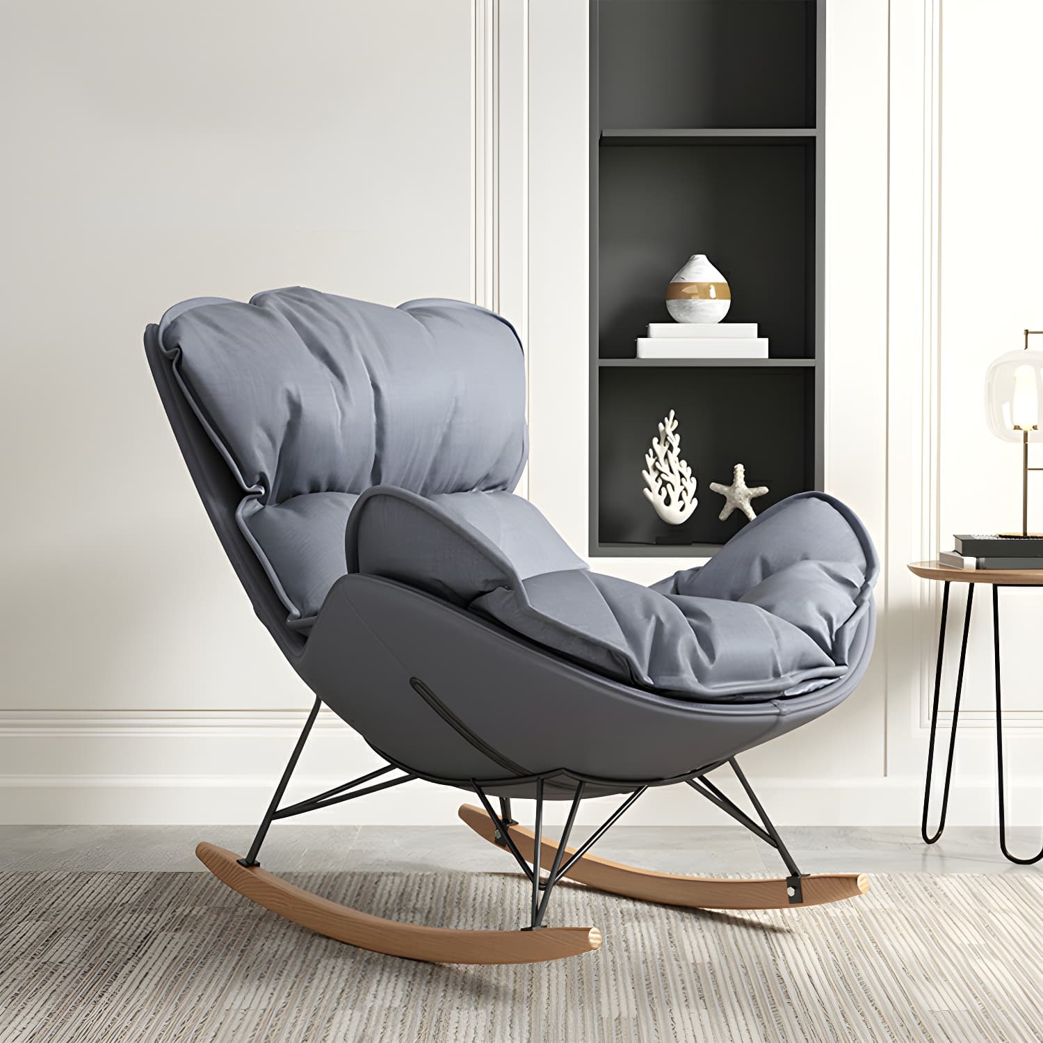 Modern Metal Rocking Chair with Upholstered Seat - Brown Legs, Removable Cushions