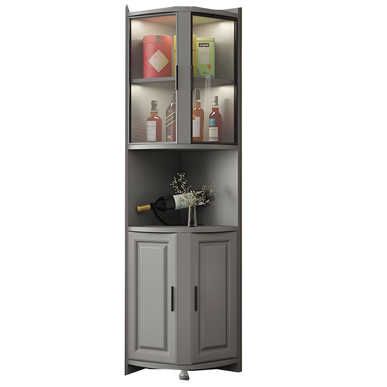 Modern Grey Corner Accent Cabinet with Glass Doors and 8 Interior Shelves - image 5