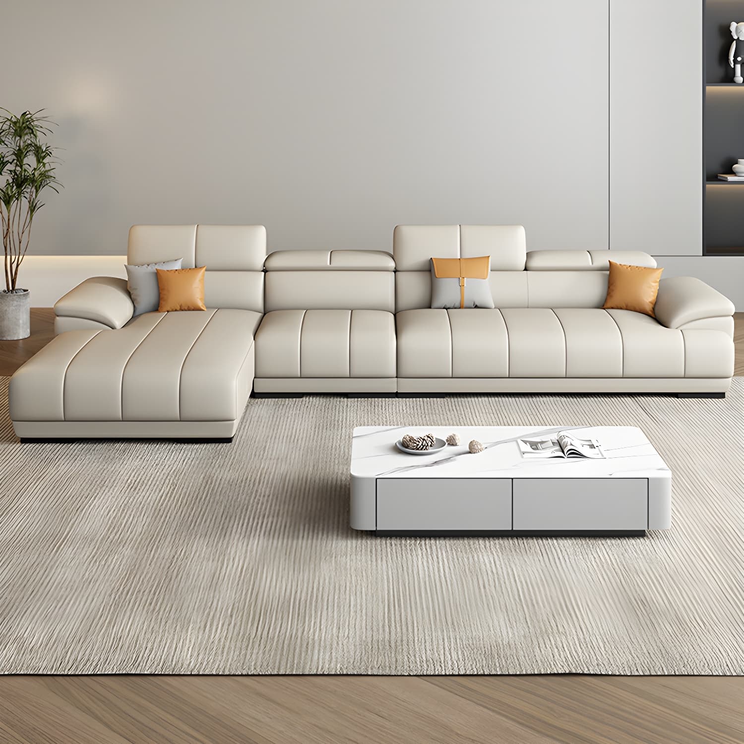 Elegant Beige Scandinavian Leather Sectional with Adjustable Headrests - image 3