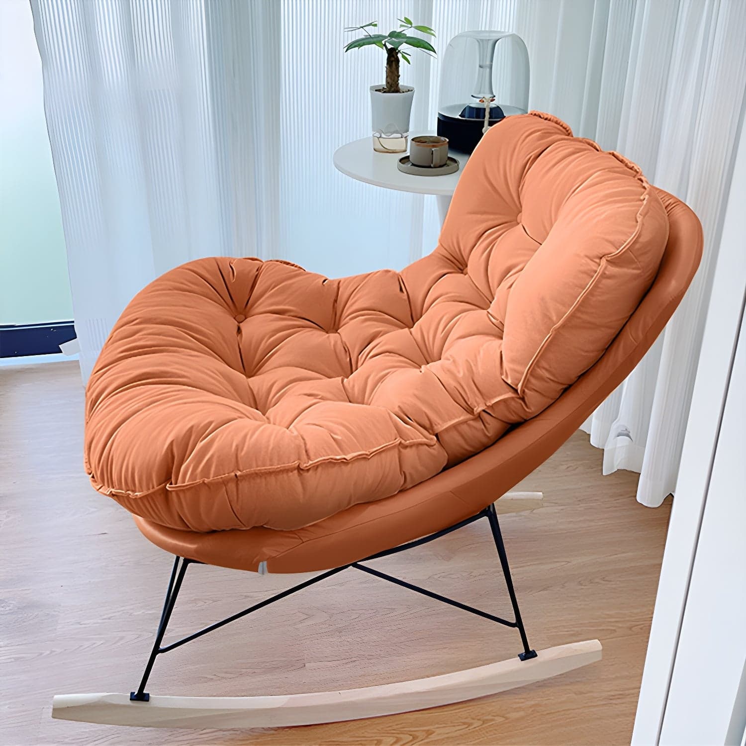 Modern Upholstered Rocking Chair with Tufted Seat - Natural Wood Legs and Armless Design - image 6