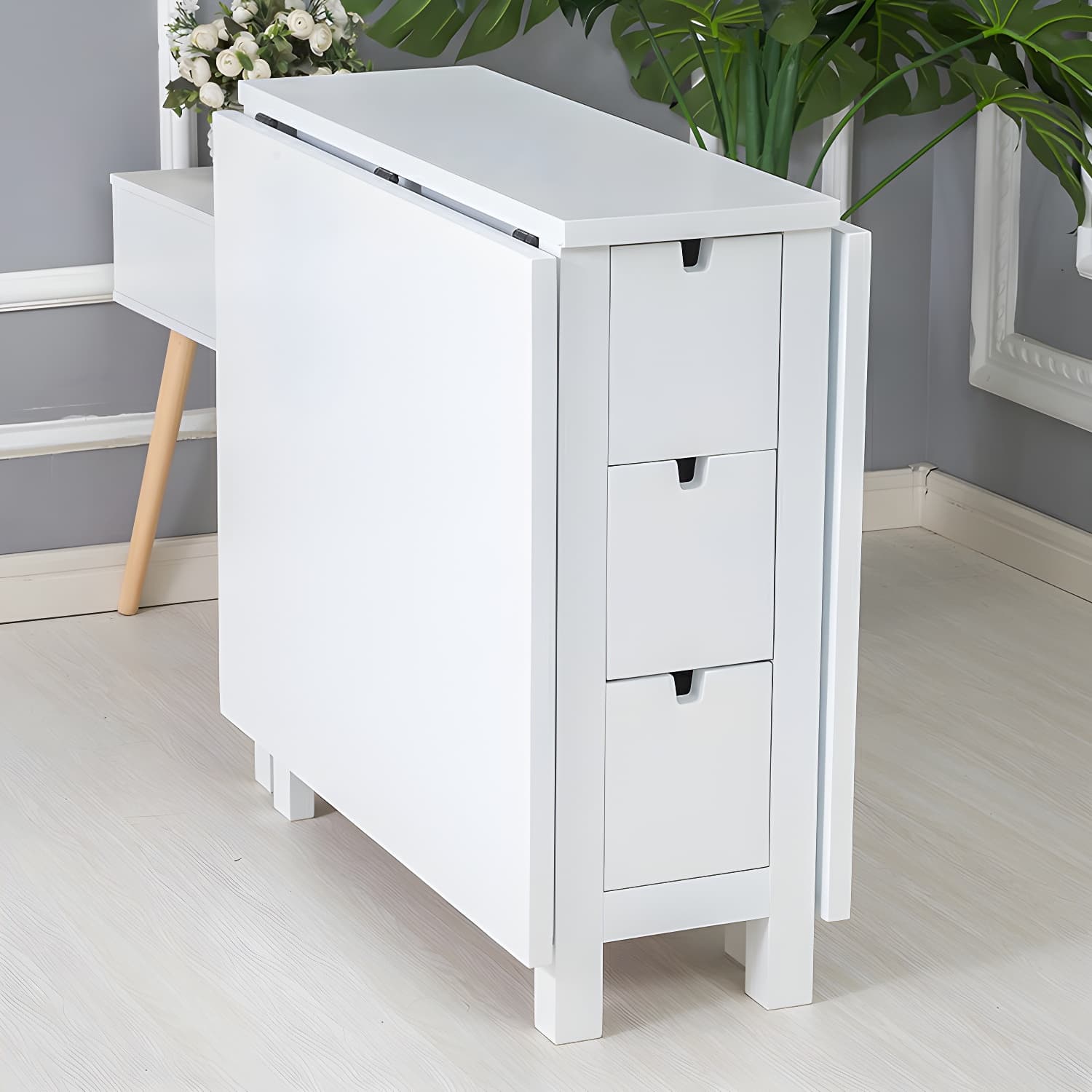 Modern Birch Wood Drop Leaf Rectangle Kitchen & Dining Table with Pedestal Base and Storage Included - image 9
