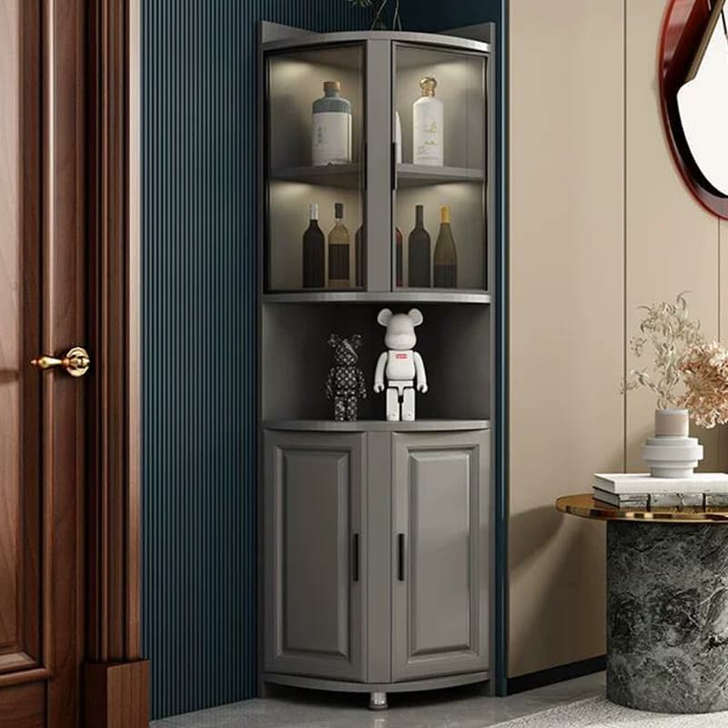Modern Grey Corner Accent Cabinet with Gold Metal Base and Glass Doors