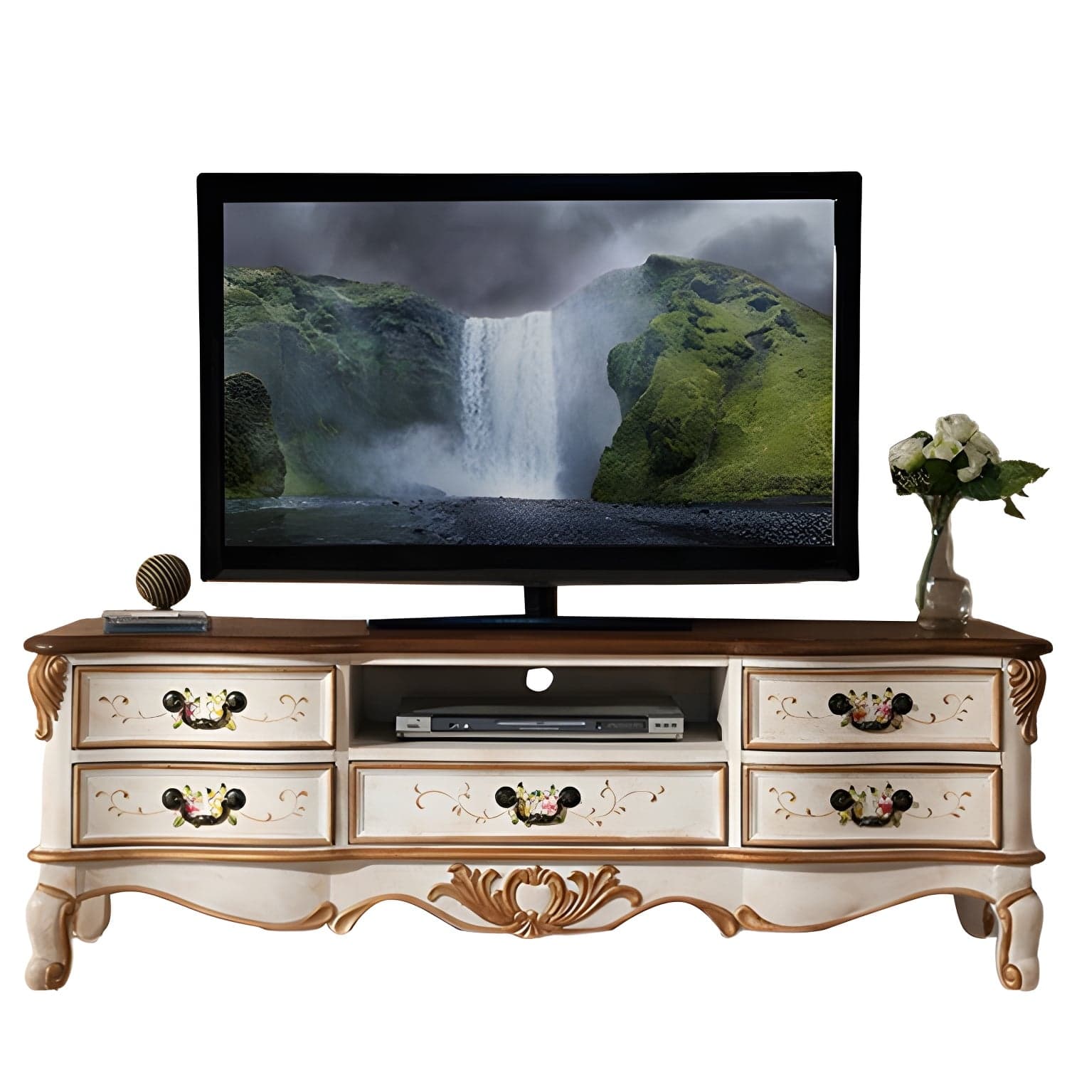 Vintage Birch Wood Media Console Matte Finish TV Media Stand with Drawers and Open Storage - image 4