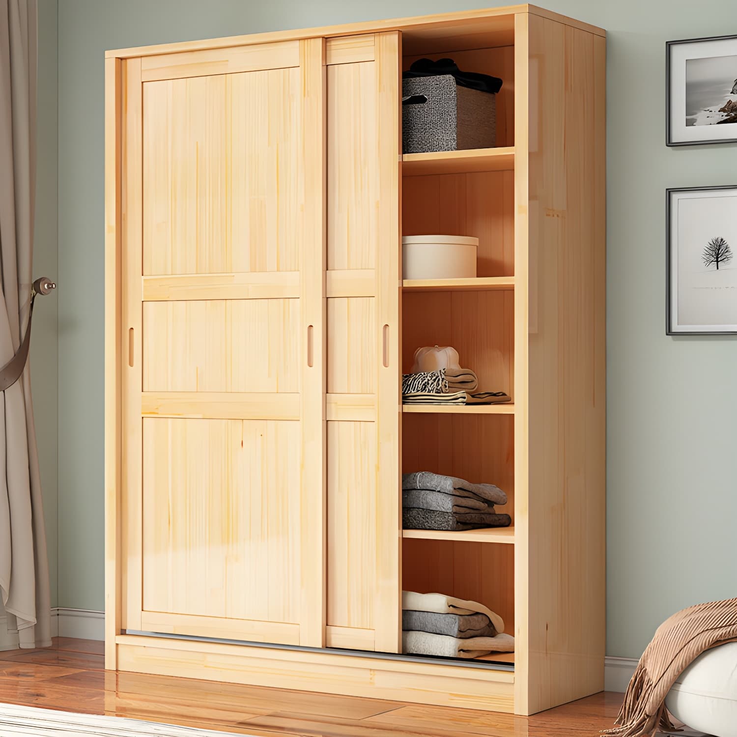 Natural Pine Solid Wood Wardrobe Freestanding Wardrobe with Sliding Doors
