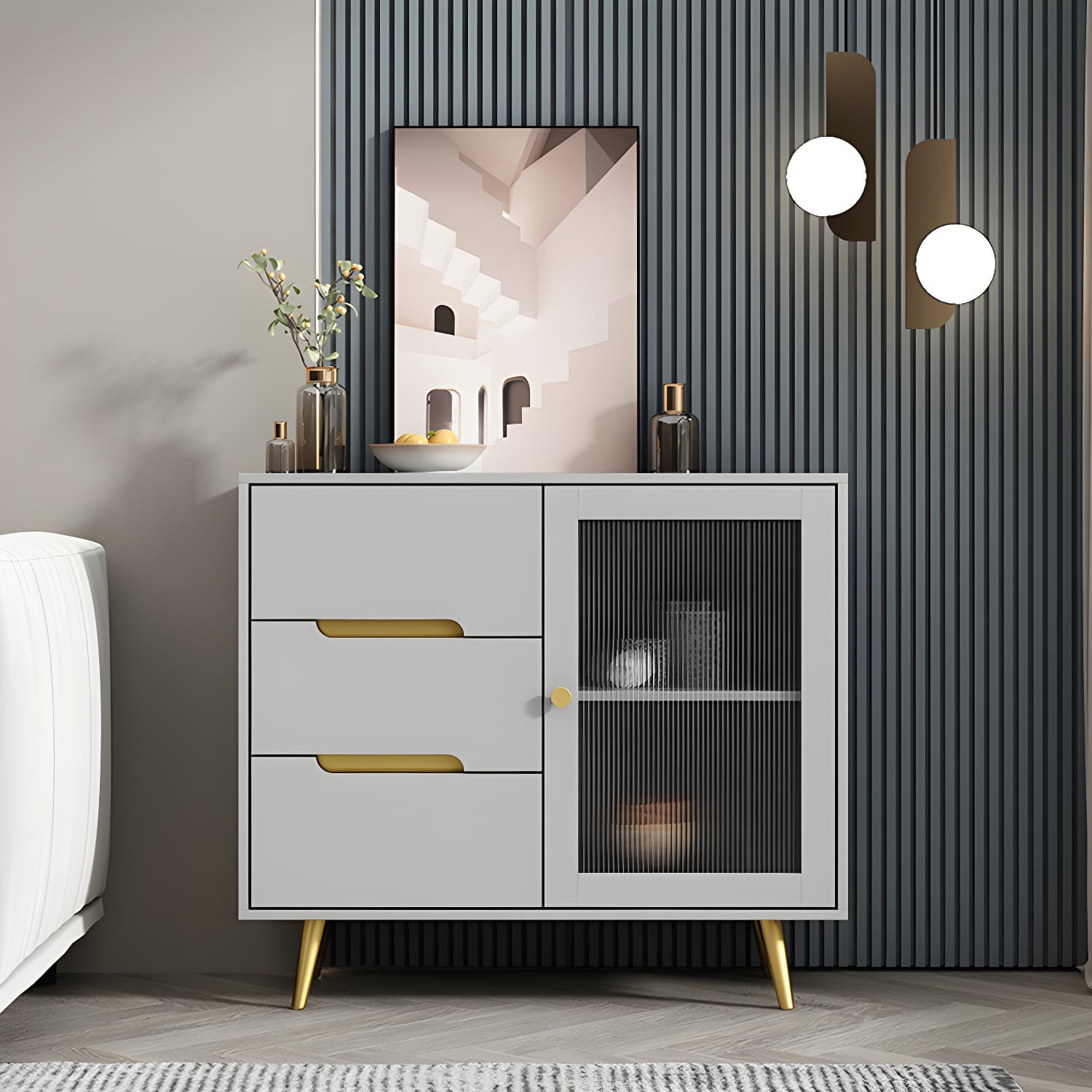 3-Drawer Engineered Wood Sideboard Modern Glass Doors Cabinets Credenza for Living Room - image 4