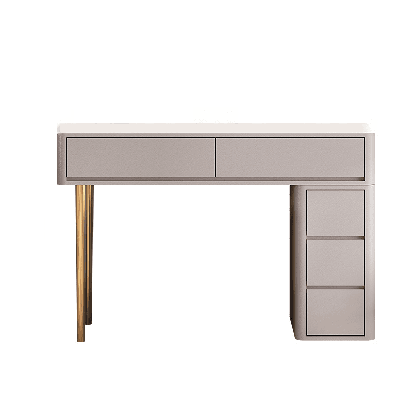 Vanity Set with Stone Table Top, Light Gray Upholstered Chair, 5 Drawers, Mirror Lights, and Push-Pull Lighting