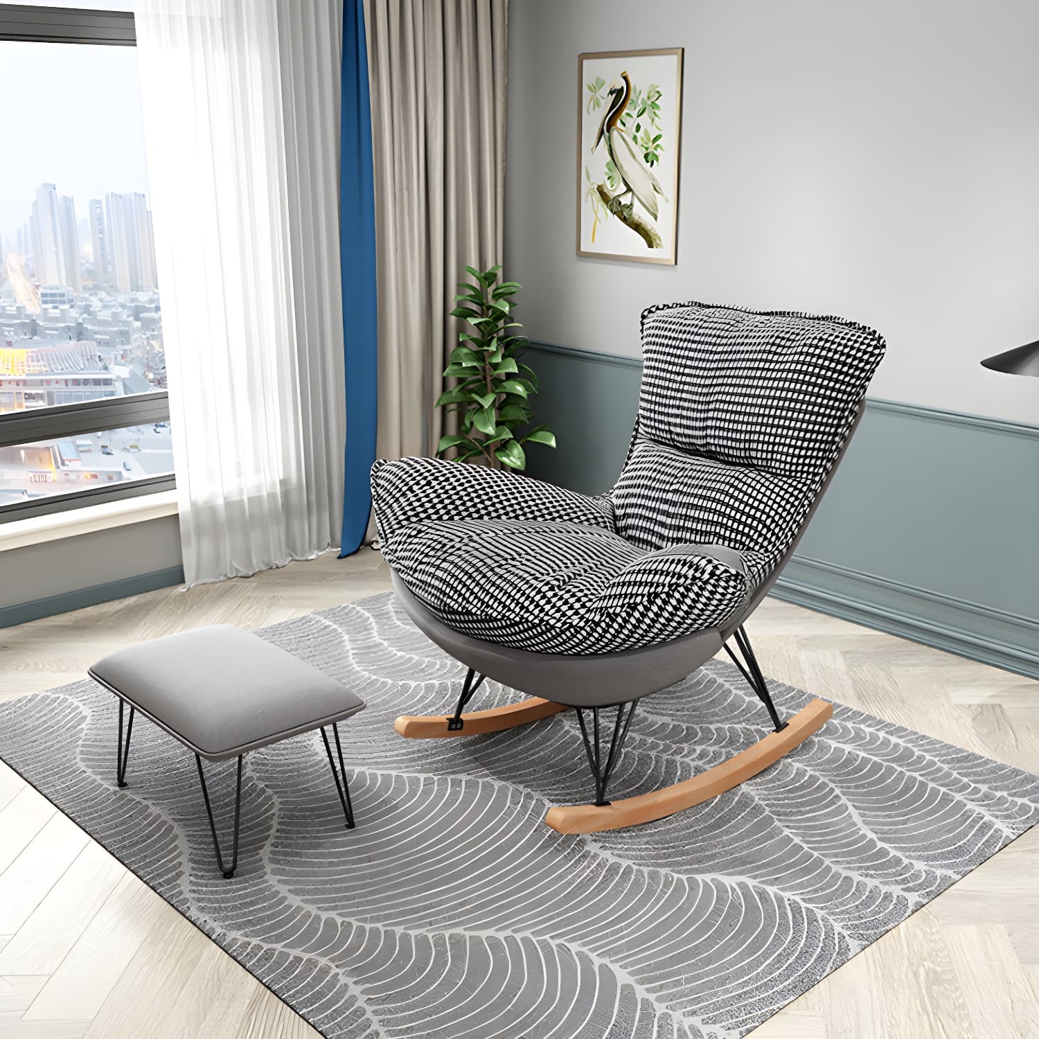 Stylish Modern Indoor Rocking Chair with Ottoman - Upholstered Seat and Natural Wood Legs