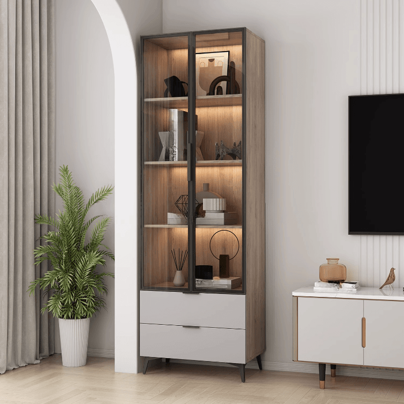 Brown Manufactured Wood Utility Storage Cabinet with Storage Cabinet, Glass Door, Cabinet Bars, Soft Close Drawer and Light