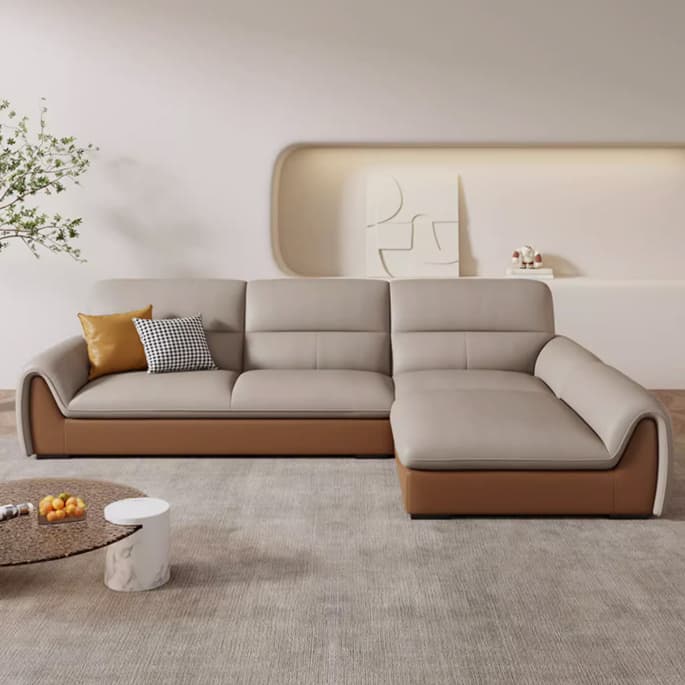 Modern Brown Leather Pillow Top Sectional Sofa with Wood Frame - image 3