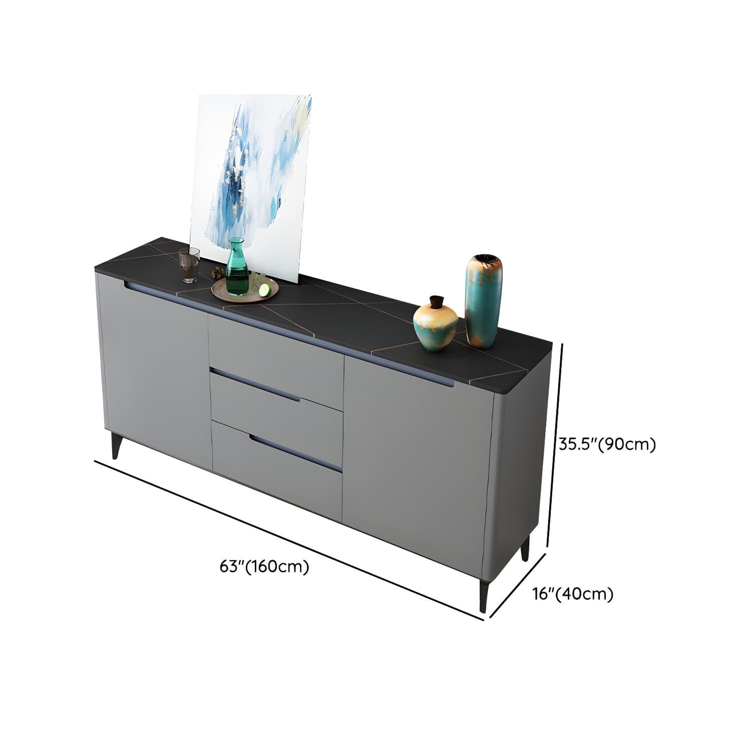 Modern Antique Finish Credenza 3 Drawer Sintered Stone Sideboard Cabinet - image 23
