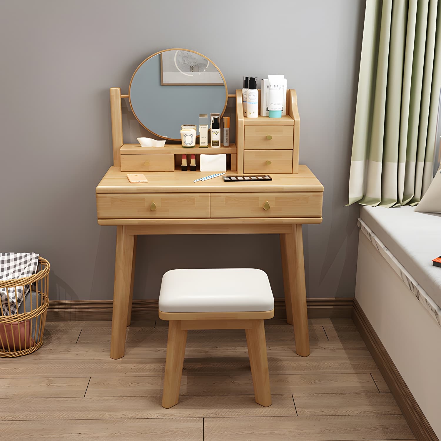 Scandinavian Solid Wood Table Makeup Vanity with Mirror and Drawers - image 12