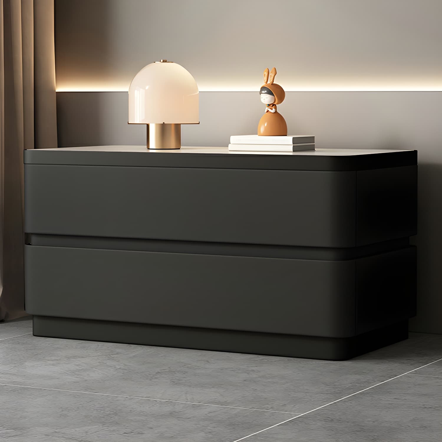 Modern Faux Leather Nightstand with 2 Drawers and Stone Countertop for Bedroom
