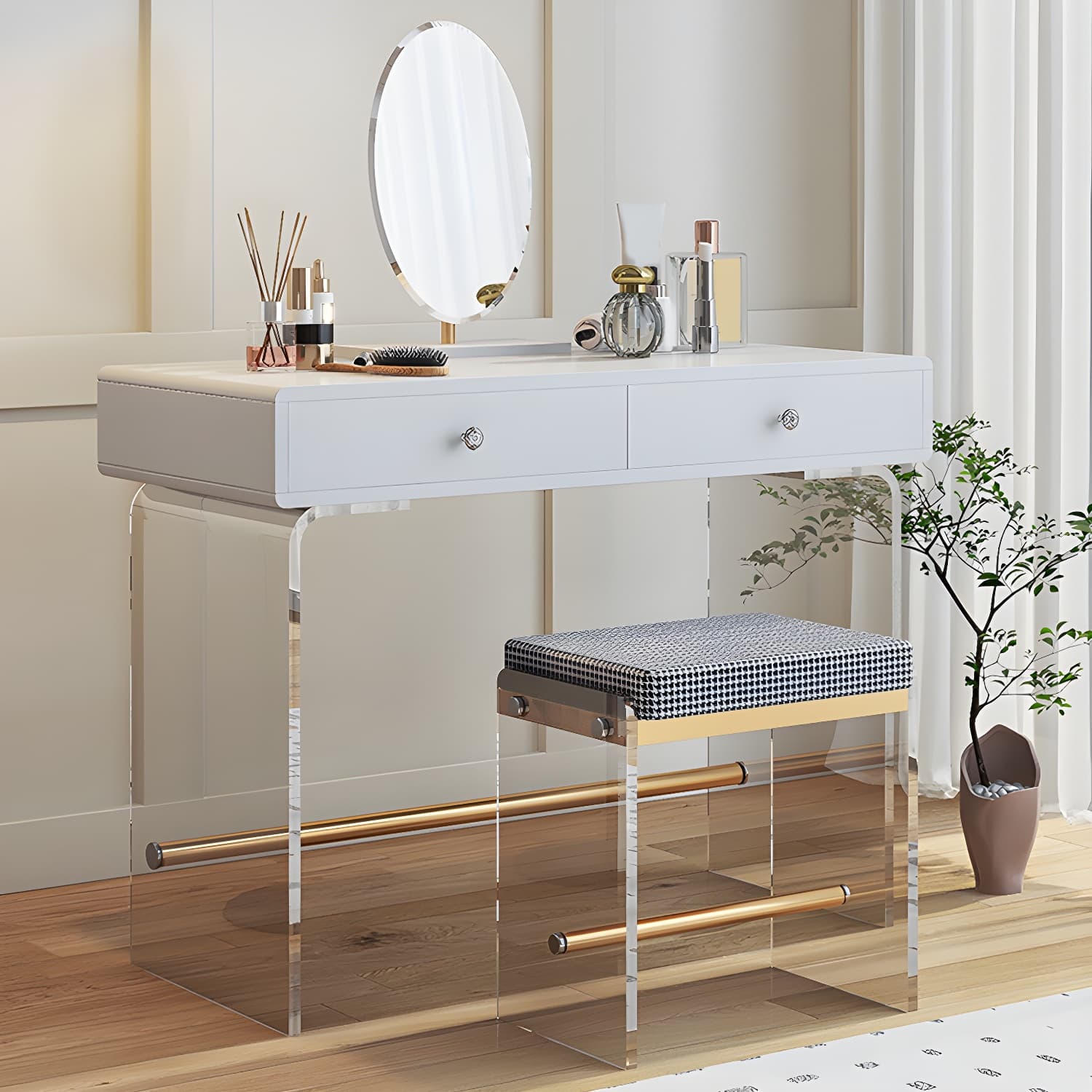 2 Drawers Clear Acrylic Makeup Table Contemporary 17.72" D Vanity Set with Stool & Mirror - image 5