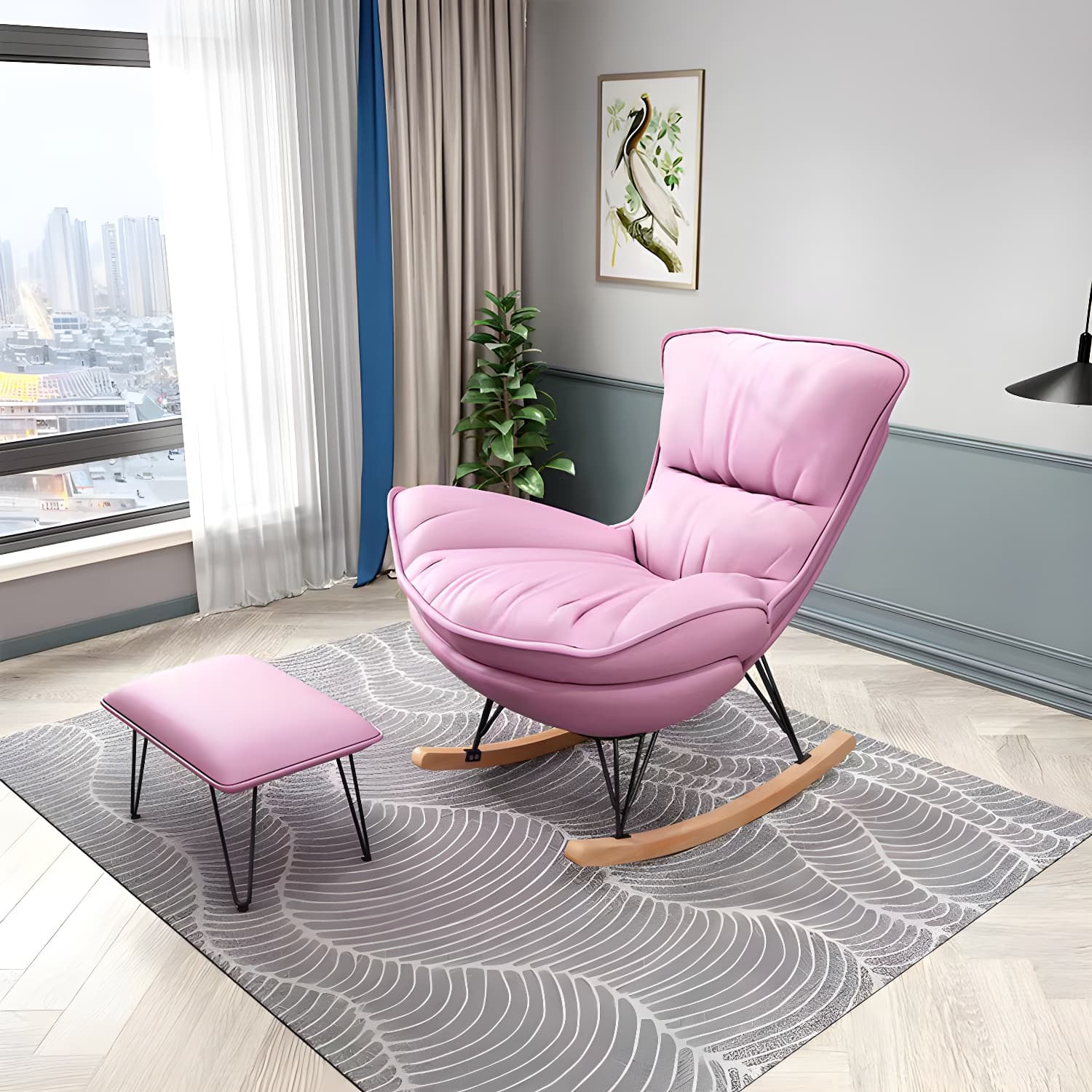 Glam Rocking Accent Chair Upholstered Antique Finish Rocking Chair with Ottoman - image 8