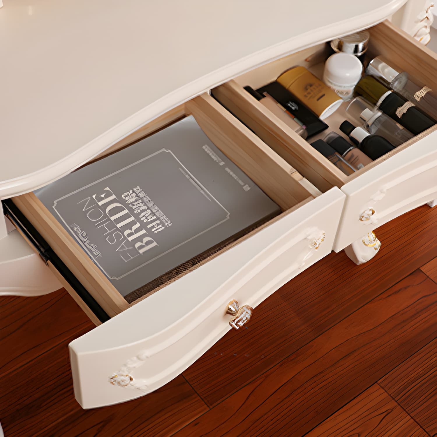 Elegant White Victorian Makeup Vanity Set with Wood Top & Mirror & Drawers & Upholstered Chair - image 9