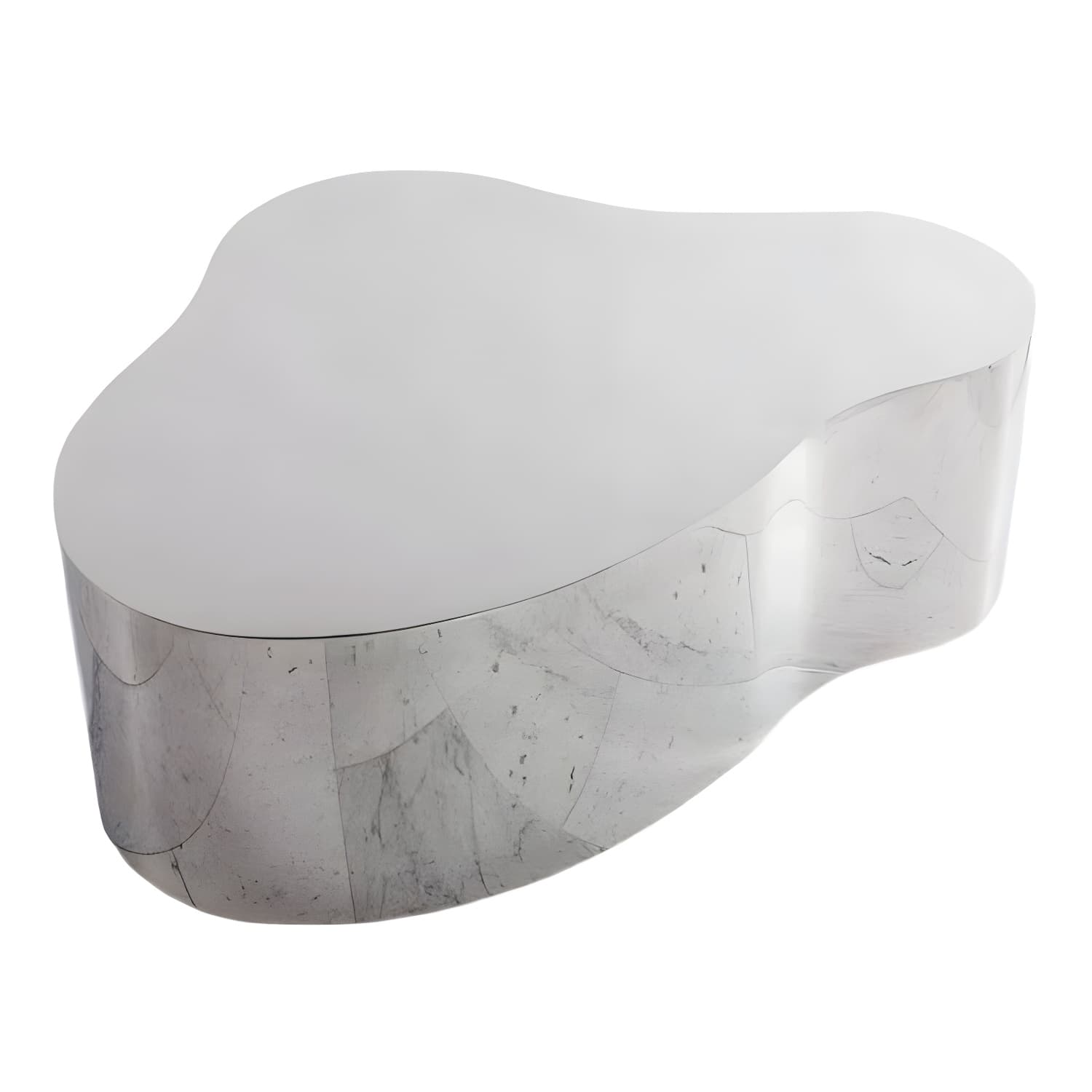 Silver Modern Coffee Table with Free Form Metal Top and Abstract Stainless Steel Base