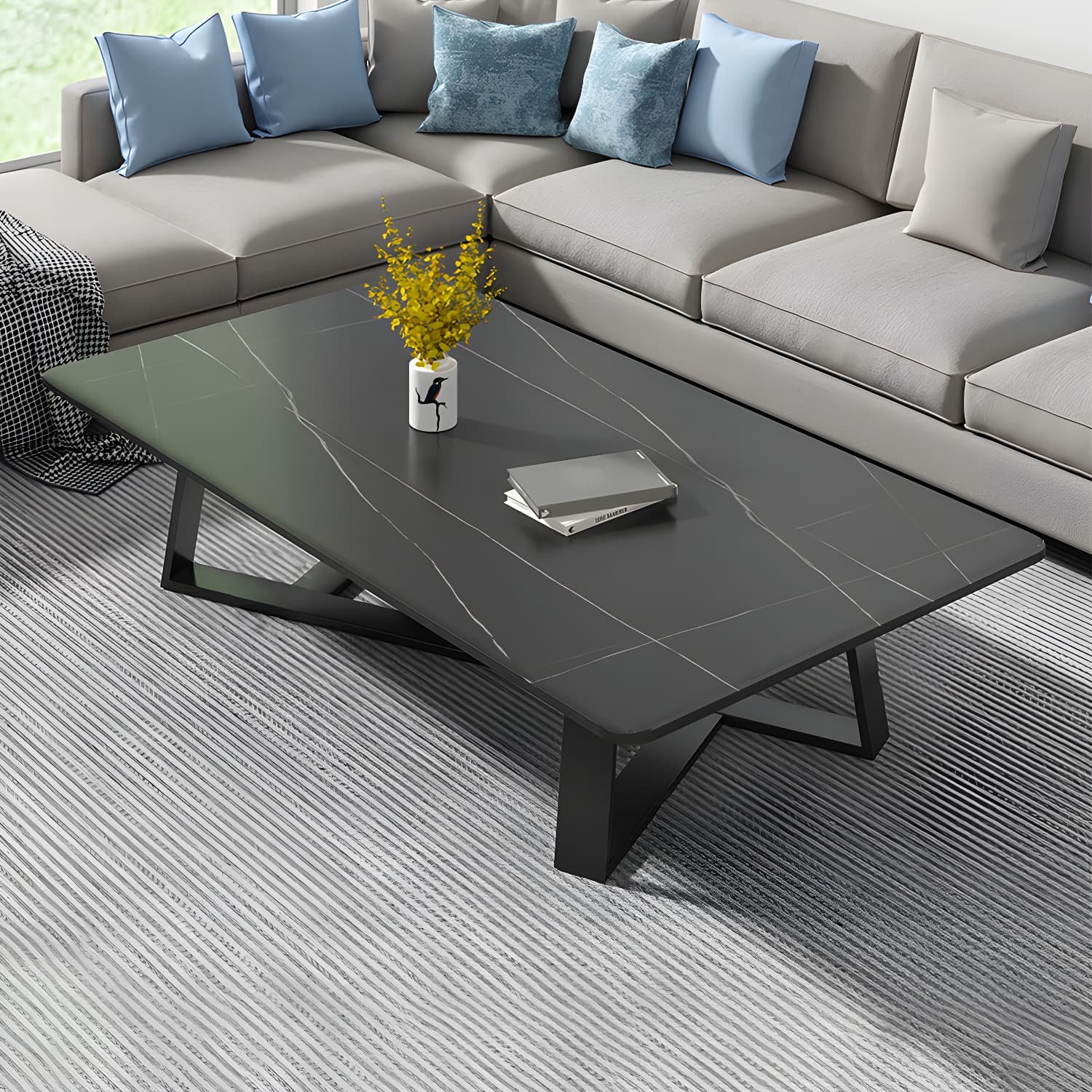 Stone and Metal Coffee Table Contemporary Coffee or End Table with Cross Legs - image 19