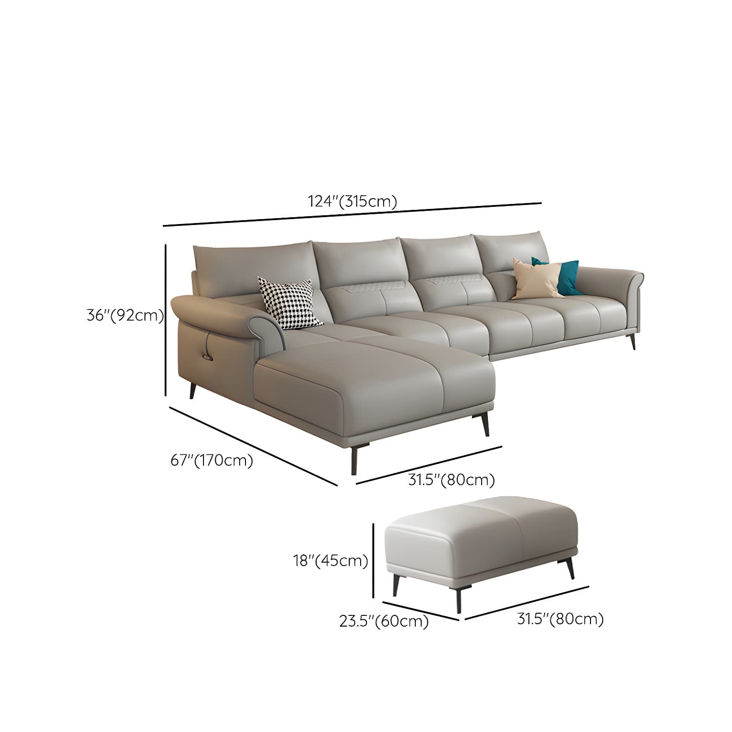 Modern Gray Genuine Leather Stationary Sectional Sofa with Flared Arms - image 21