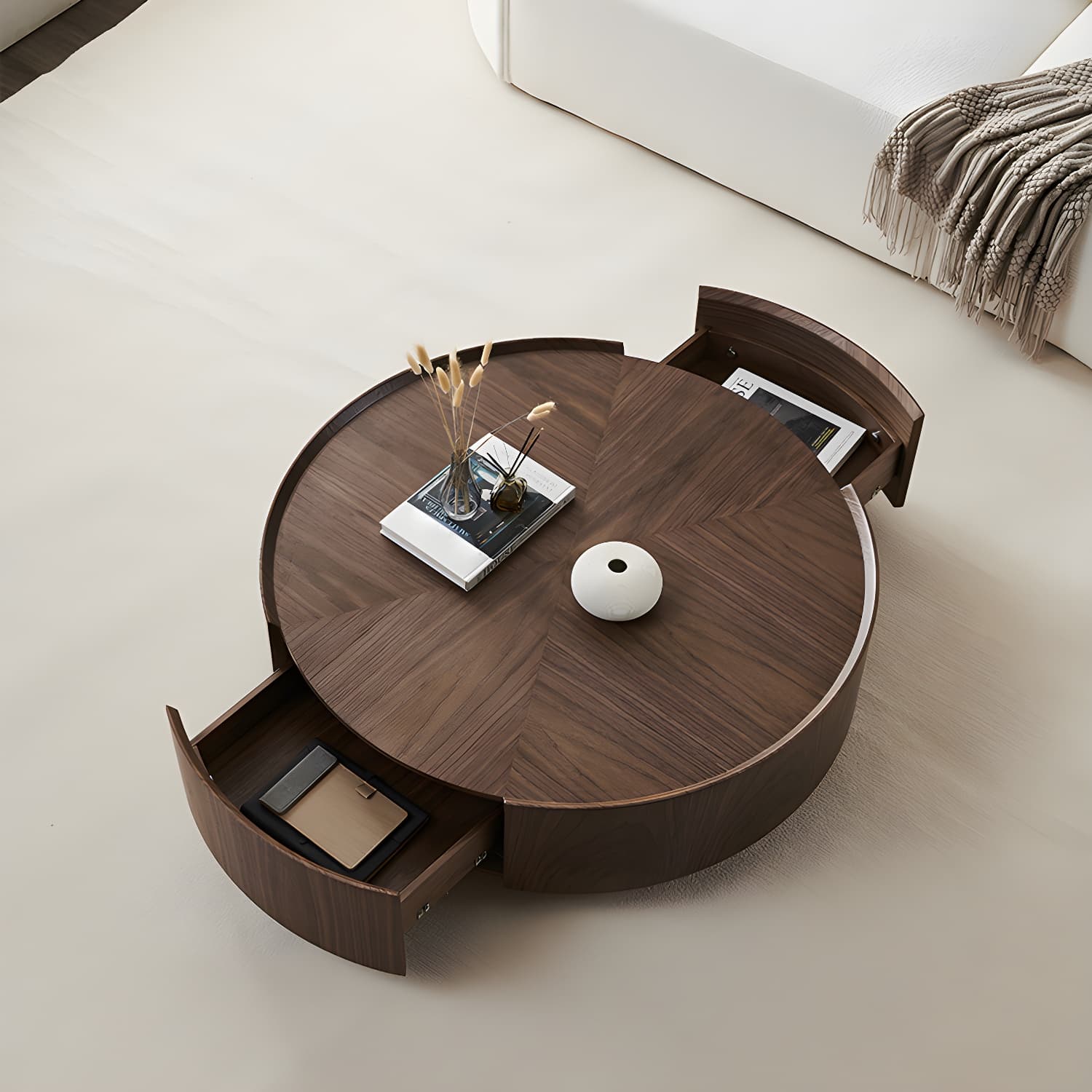 Round Wood Cocktail Table Set with 2 Drawers Modern Walnut Coffee Table