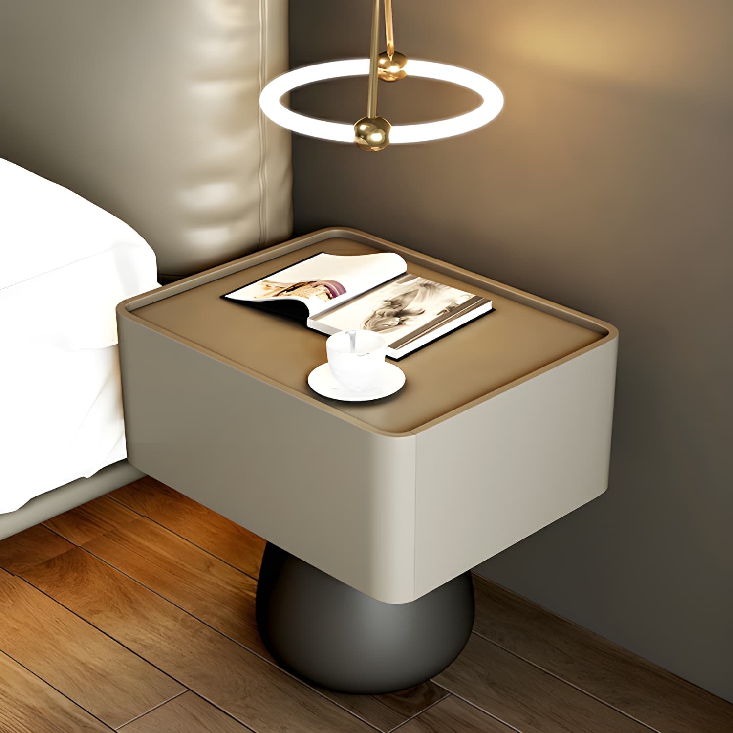 Modern Light Wood Drawer Nightstand with Faux Leather Countertop - image 12