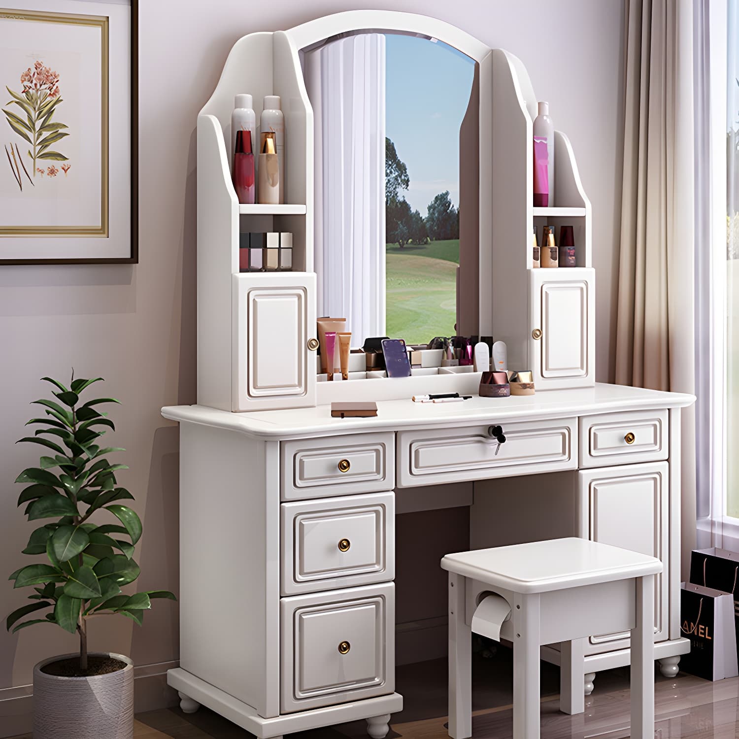 Traditional Solid Wood Makeup Dressing Table 60.23" H Vanity Set with Stool and Mirror - image 7