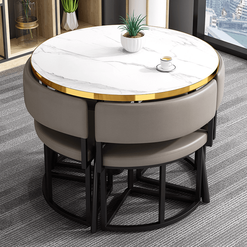 Art Deco Circular-shaped Upholstered Chair Metal & Faux Wood Dining Table Set with Upholstered Back in White, 5 Pieces - image 6