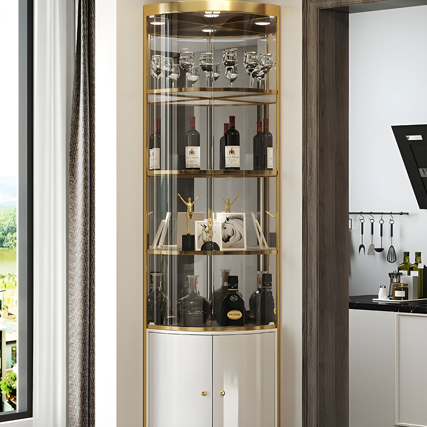 Modern Gold Corner Accent Cabinet with Glass Doors and Metal Counter Top - image 5