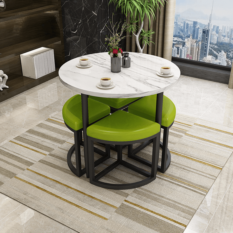 Reclaimed Wood Round Dining Table Set with Metal Toboggan Base and Upholstered Backless Chairs for 4 People - image 18