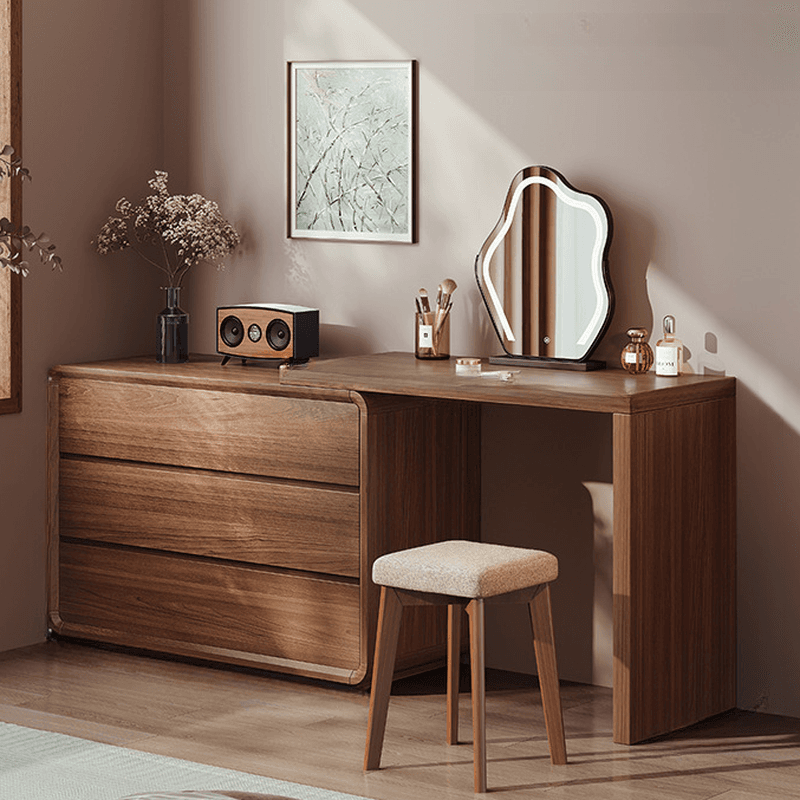 Modish Large/Standard Vanity Set with Natural Wood Table Top, Cream Chair, 3 Drawers/6 Drawers, Light Up Mirror